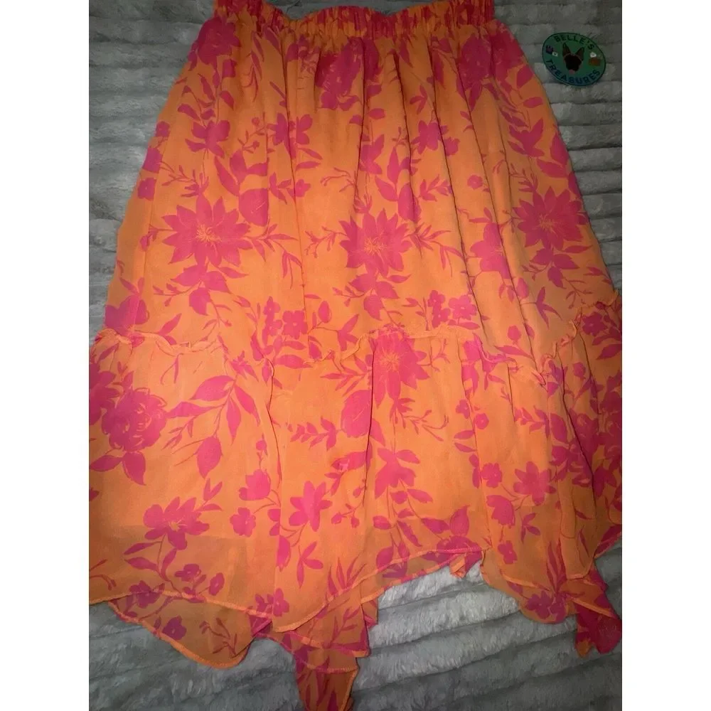 Women's Large 12-14 Orange Pink Chiffon Asymmetric Skirt‎ Y2K 90s Fairy Spring